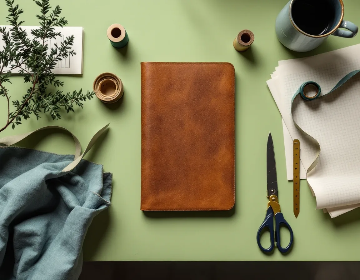A coaching workbench — leather ledger, brass thimble, green thread and a drafted plan on grid paper