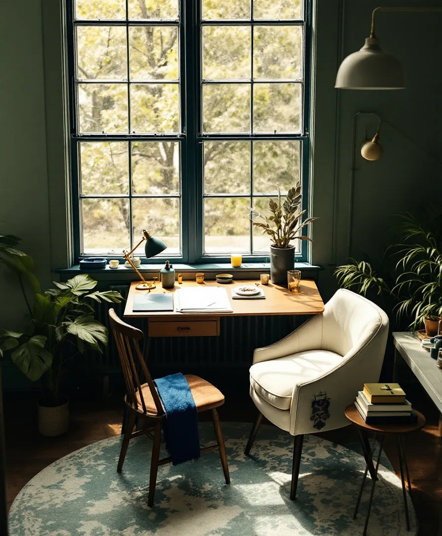 The Needle & Thimble studio — a drafting table by a tall window, pattern paper and a ledger in afternoon light