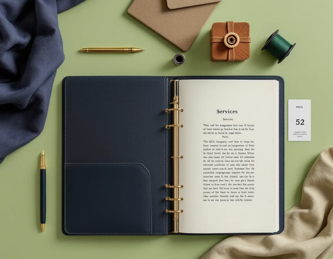 Flat-lay of a leather engagement folio, brass thimble, green thread and a numbered price card on a pistachio surface